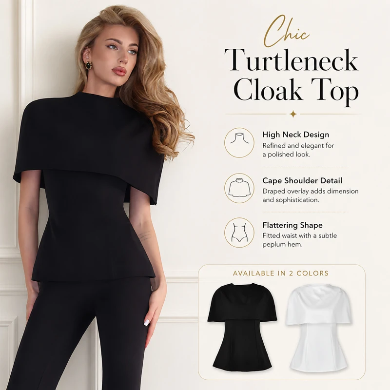 Elegant 2 Piece Outfit Mock Neck Slim Fit Blouse With Cape Shrug Shoulder Wrap Formal Party Women Two Piece Top Set view 2