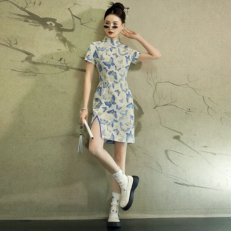 

Современное восточное клубное вечернее сексуальное синее платье Cheongsam с бабочкой, мини-платье Ципао в ретро-винтажном стиле