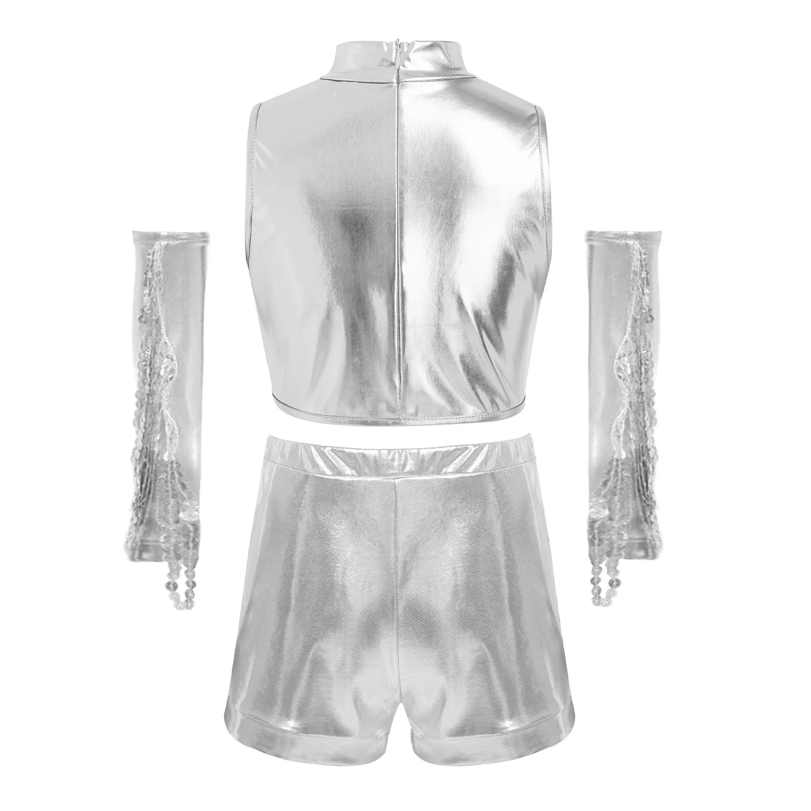 Kids Girls Jazz Modern Ballet Dance Performance Outfit Sparkling Sequin Metallic Crop Top with Shorts Sequined Tassels Gloves