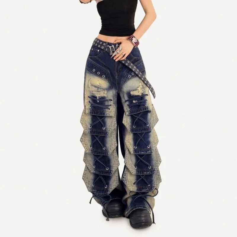 Vintage Blue 2026 Ropa Y2K Grunge Baggy Women's Stacked Ripped Jeans Pants For Woman Clothing New Rock Wide Leg Denim Trousers