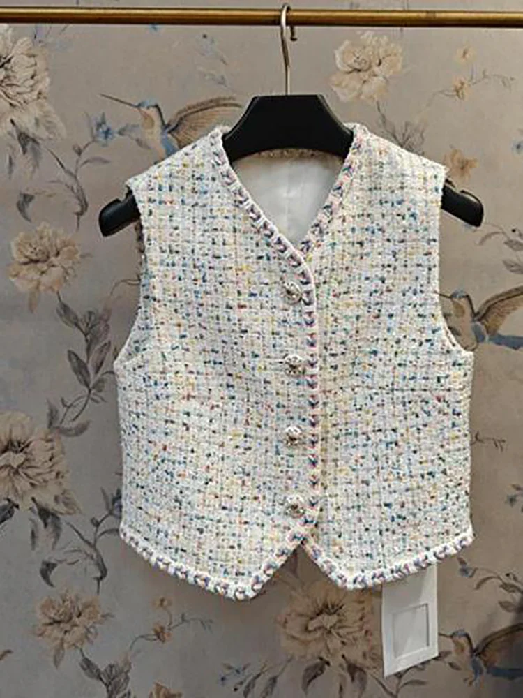 French Retro Button Diamond Colored Sequins V-Neck Single-Breasted Vest Lightweight Woven Striped Tweed Elegant Womans Vest