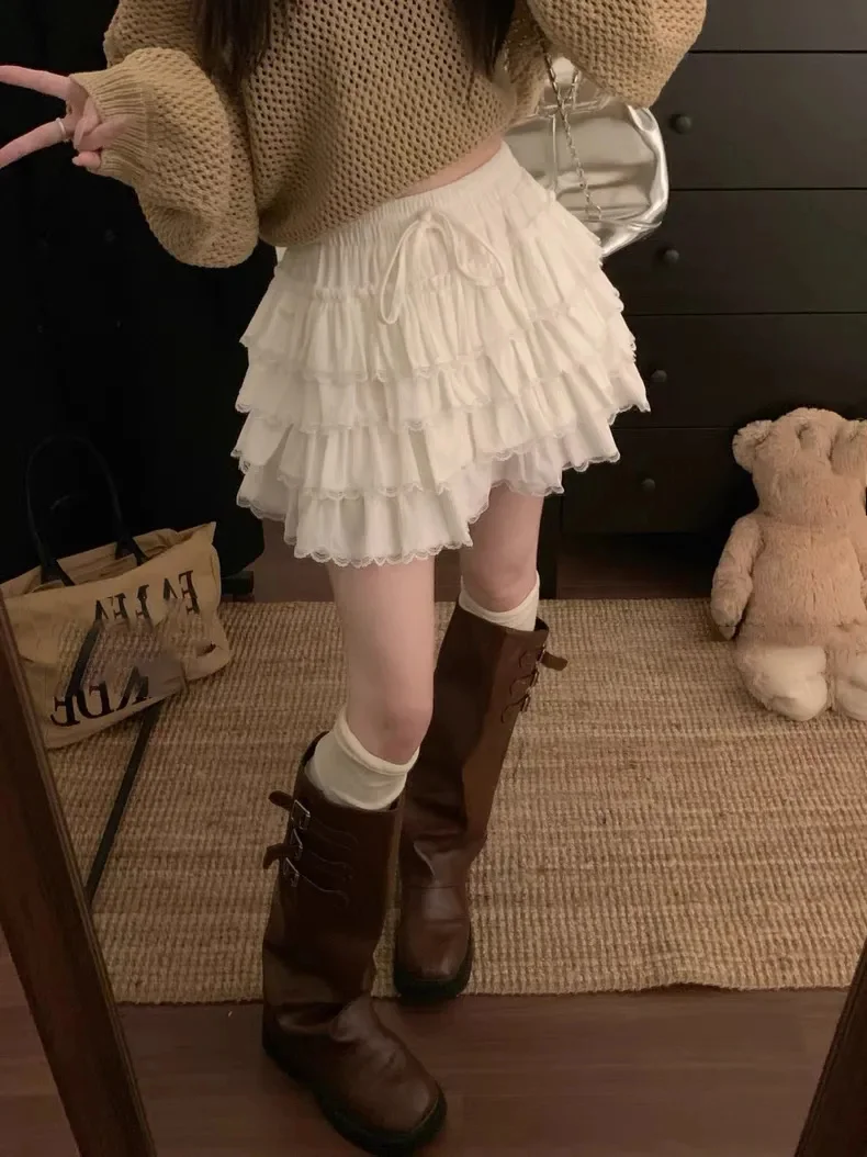 Sweet Lace Patchwork Cake Skirt Women 2025 New Lace Up Waisted Slim Fit A-line Mini Skirts Simple Solid Versatile Skort