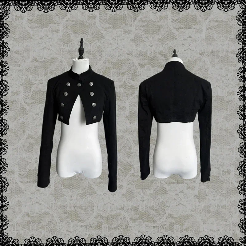 Gothic Punk Y2K Stand Collar Dark Aesthetic Double Breasted Twill Women Cropped Jacket Trendy Slim Fit Short Cardigan Tops Coat - view 6