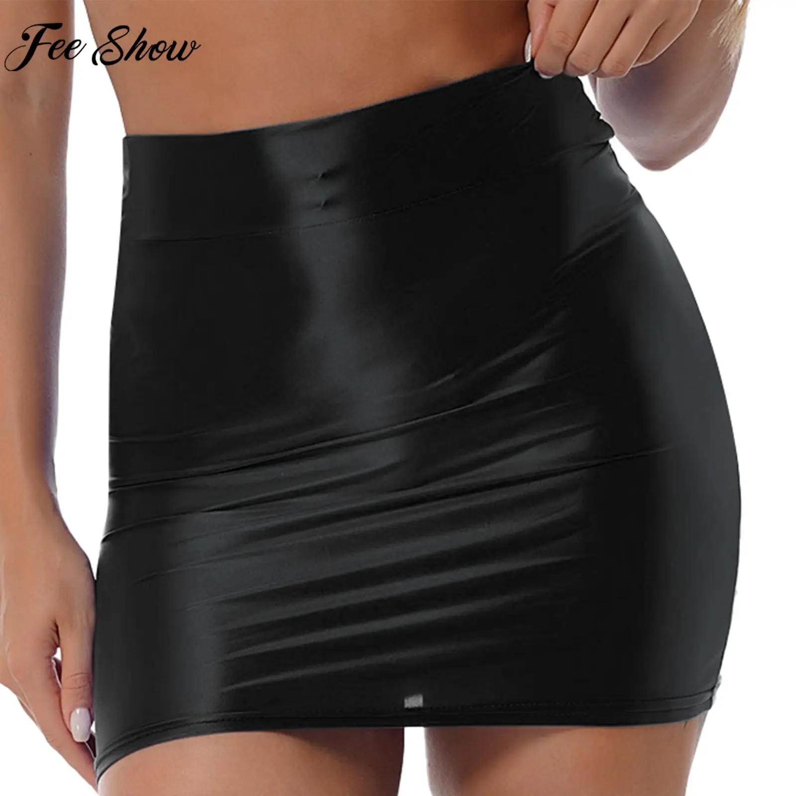 

Women Sexy Glossy Pencil Skirt High Waist Elastic Waistband Bodycon Miniskirt Rave Party Bar Club Pole Dancing Clothing Clubwear