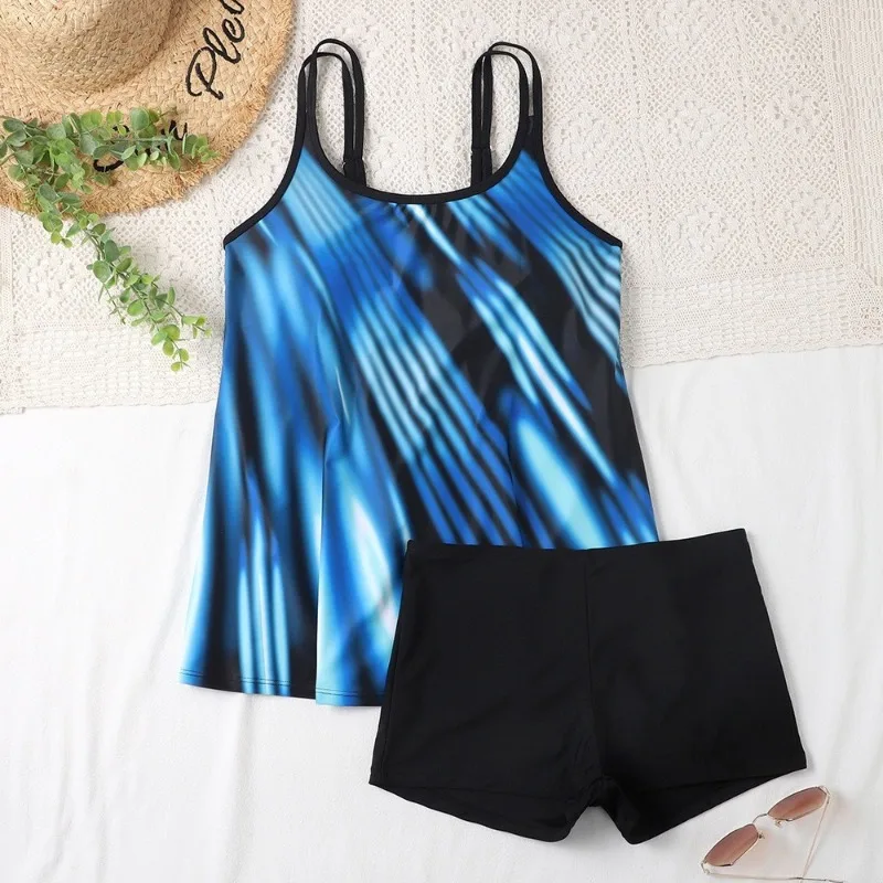 Digital Printing Belly-covering Conservative Women's Swimsuit Plus Size Boxer Swimsuit Two-piece Swimsuit for The Beach