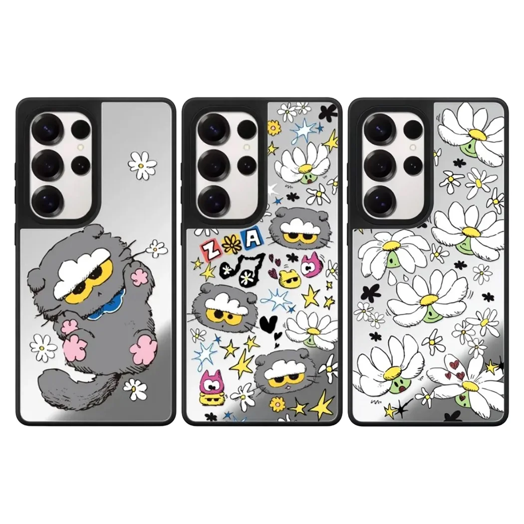 

Cartoon Note Cat Flower Pattern Mirror Surface Magnetic Phone Cover for Samsung Galaxy S23 S24 S25 Ultra S25+ Plus Case