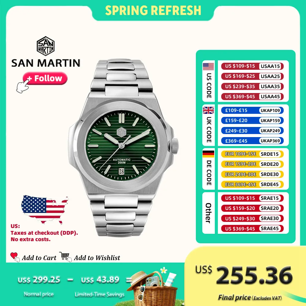 

San Martin 42mm Men Dress Watch Luxury Mechanical Timepiece 200m Waterproof Sapphire PT5000 or SW200 Automatic Movement SN0076