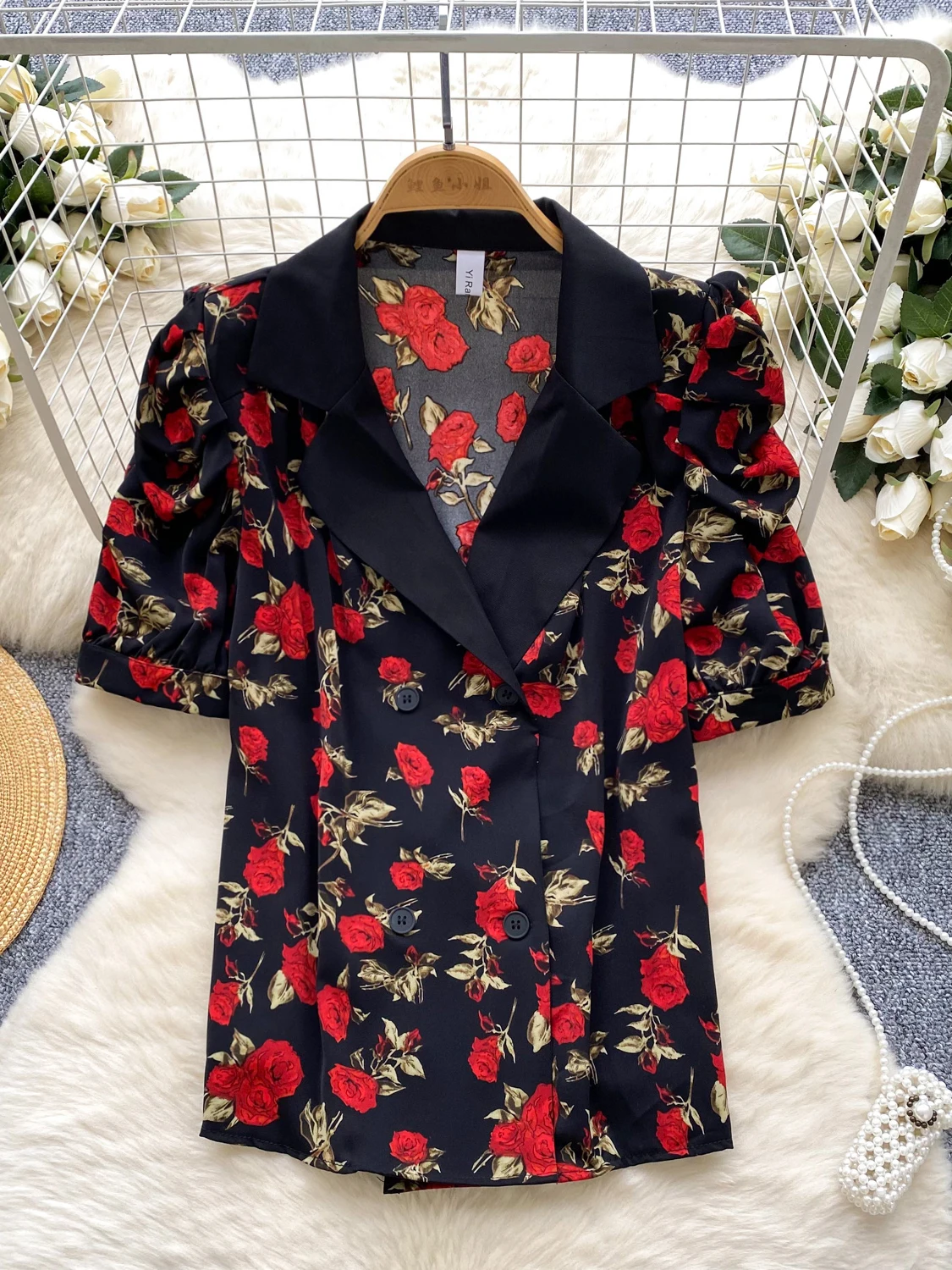 

Casual Commute Faionable Plaid irt Women's Summer Trendy Bubble Sve Print Blouse Double Button Korean Sle Top
