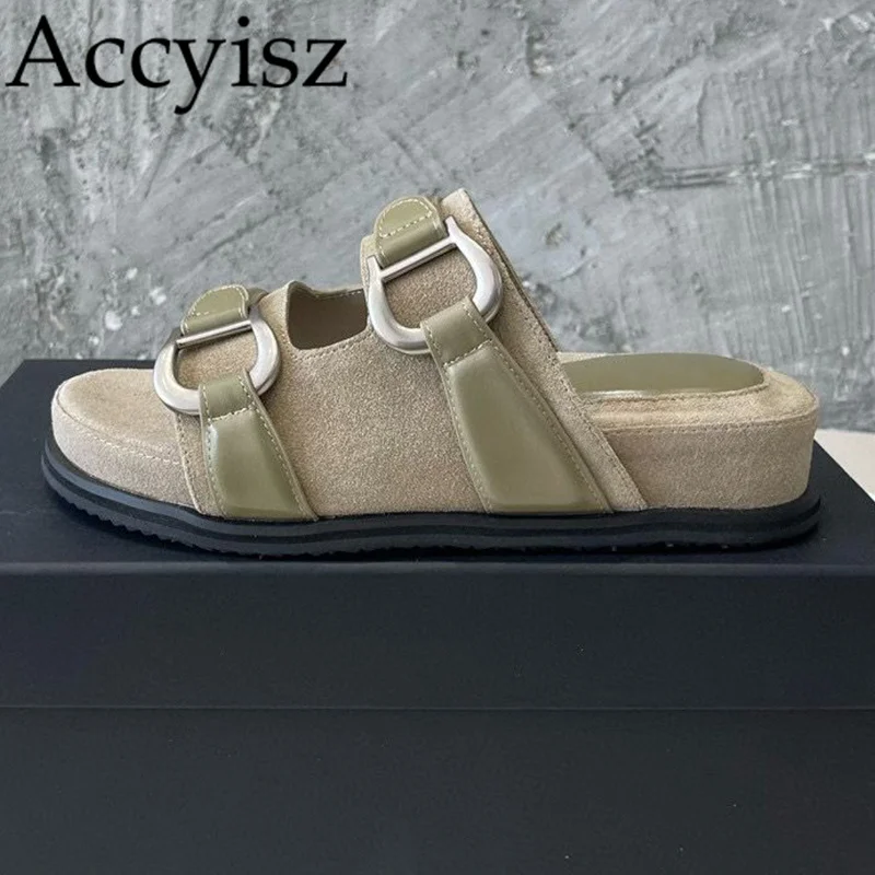 

Summer Suede Double Row Metal Buckle Decoration Flat Bottomed Slippers Women's Outdoor Leisure Vacation Beach Shoes 2024