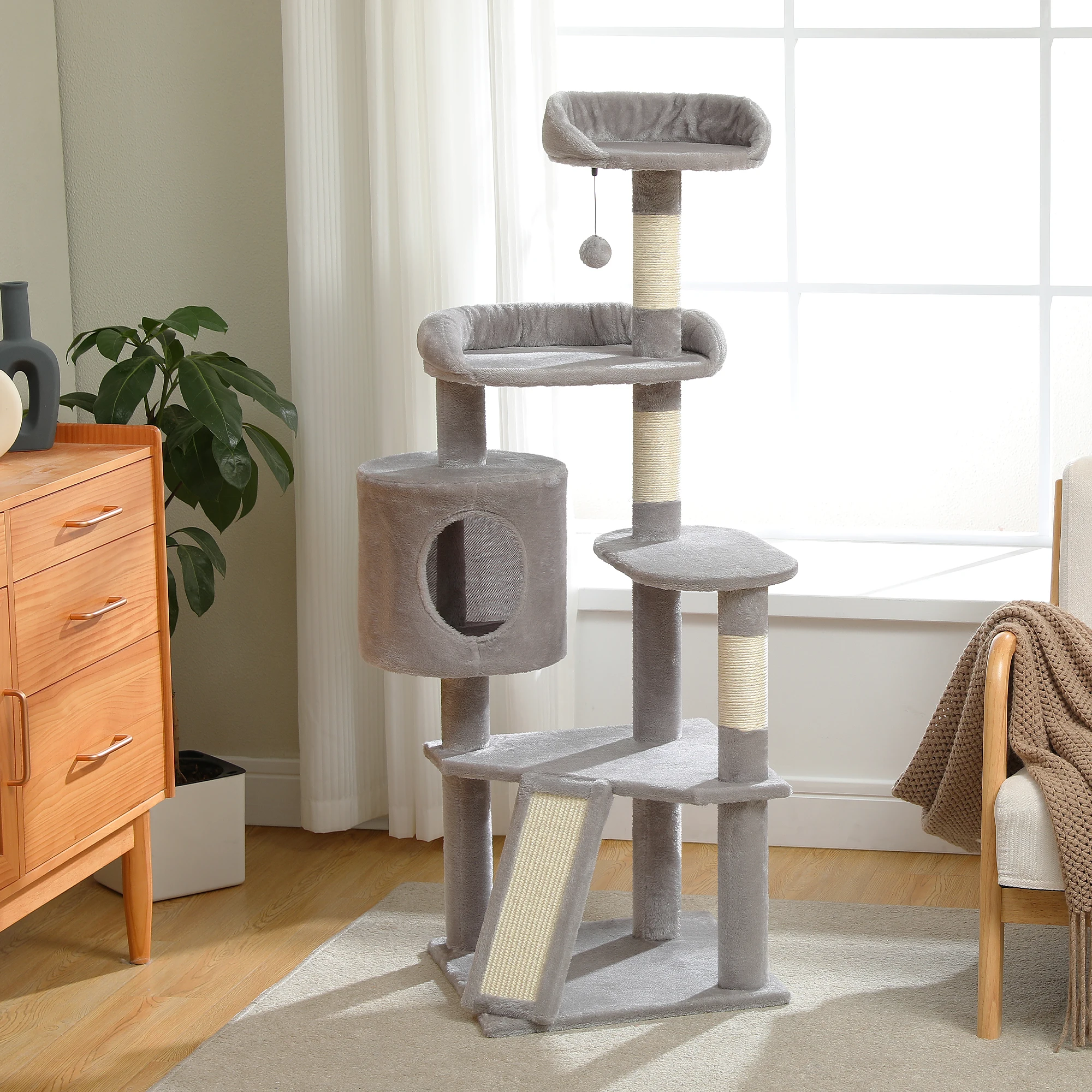 

5-Level Cat Tree Tower with Scratching Post , Perches Scratching Board and Cozy Condo Fits 6 Cats for Amusement and Relaxation