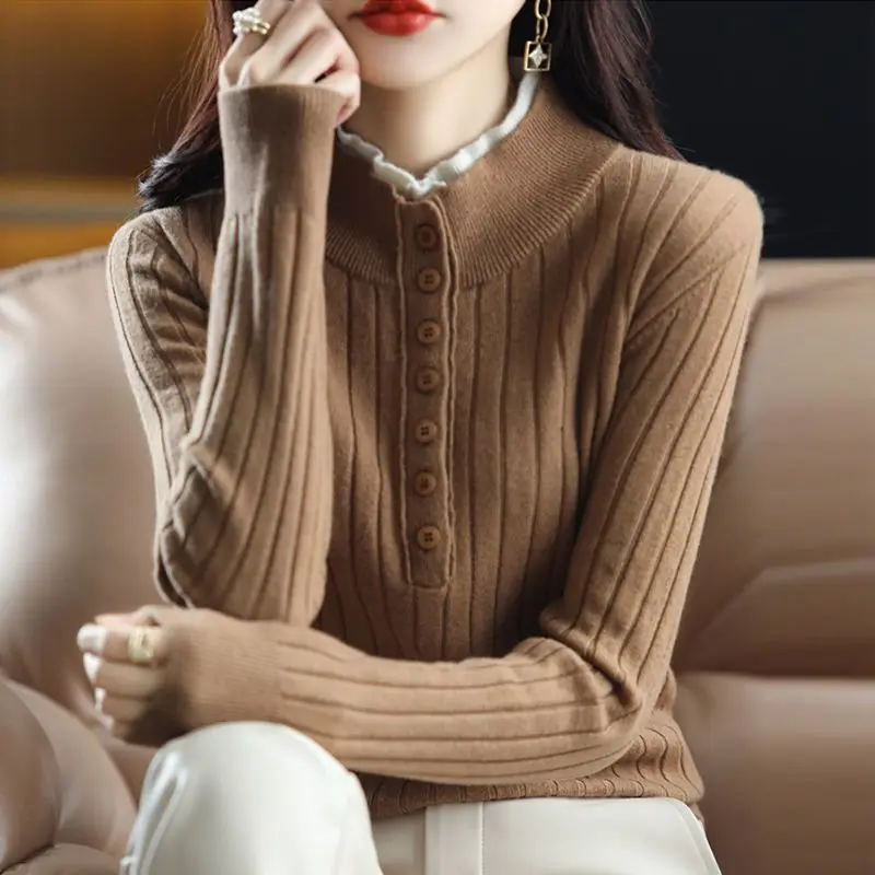 

2022 Autumn/Winter New Fake Two Piece Spliced Standing Neck Knit Long Sleeve Temperament Sweater Versatile Office Lady Tops