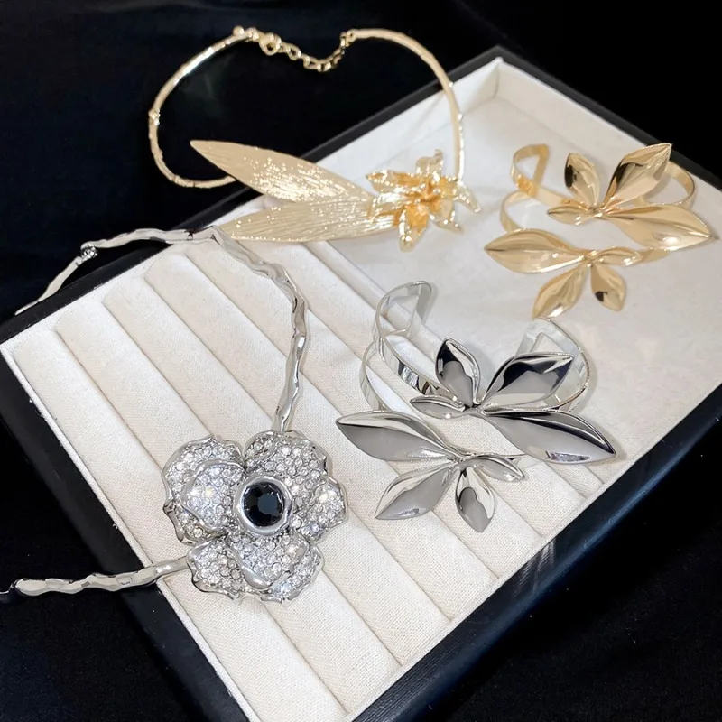 Minar Exaggerated CZ Cubic Zirconia Flower Leaves Torques for Women Girls Real Gold Silver Plating Copper Chokers Wholesale