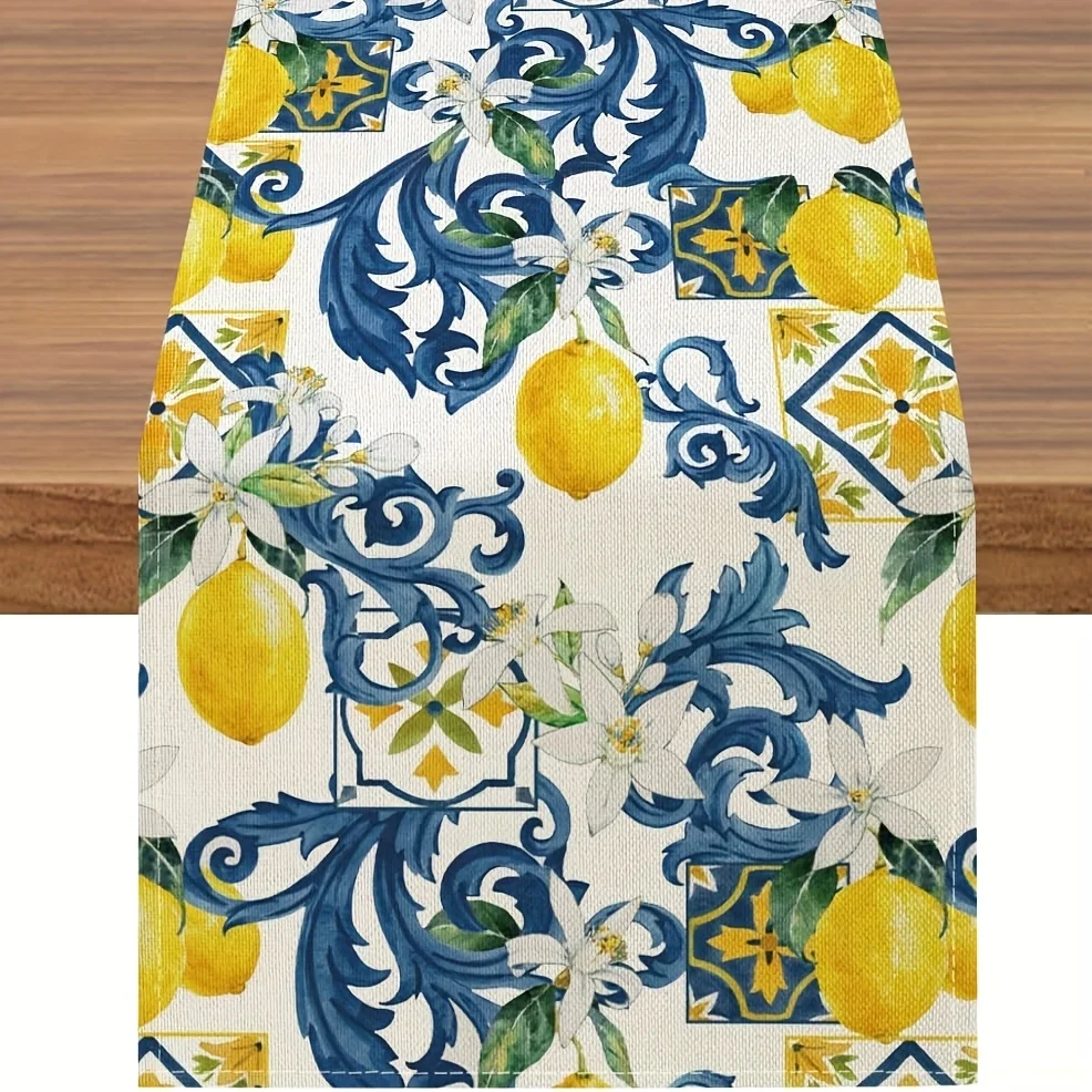 Lebendiger Leinen-Tischläufer für den Sommer - Zitronen- und Blumendesign |   Perfekt für Heim- und Küchendekoration, saisonale Esstischdekoration