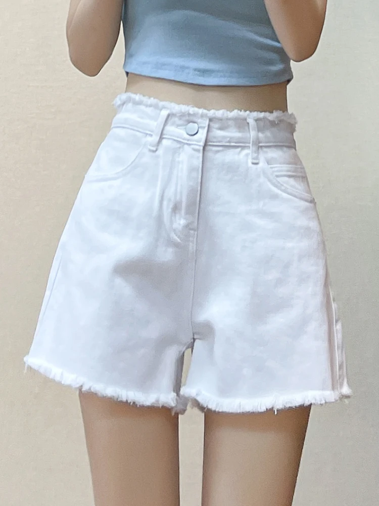 

White Denim ort Pants Women's Loose High Waist A-Line Thin Summer Wide Leg Pants Torn Hot Pants Casual Faion orts