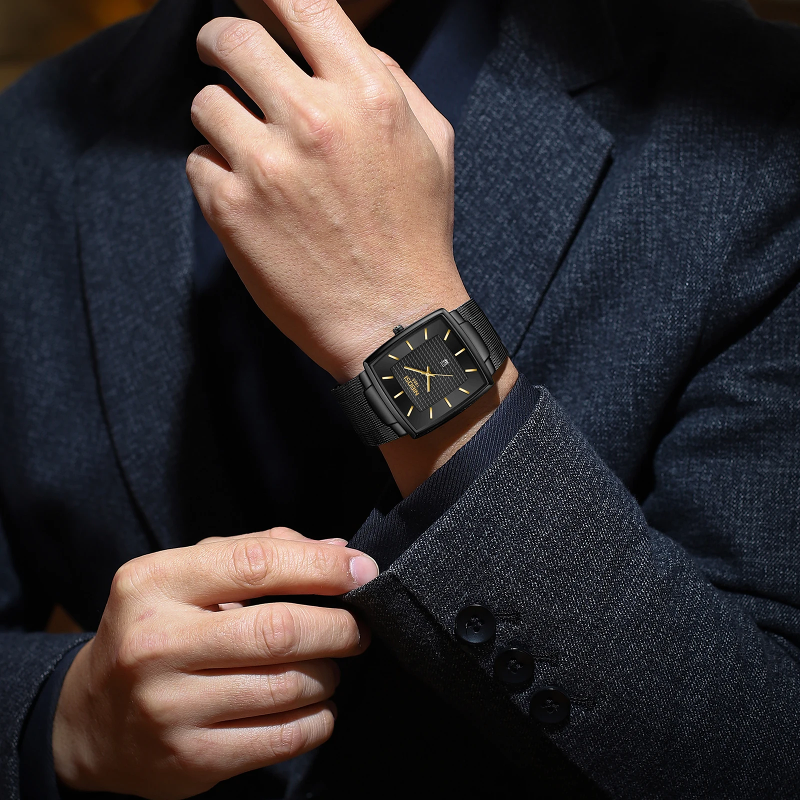 NIBOSI Mens Watches Top Brand Luxury Square Quartz Watch Men Slim Mesh Waterproof Sport Wristwatch Date Luminous Reloj Hombre