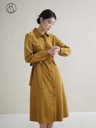 DUSHU Waistband Dress Winter 2023 New Design Sense Shirt Collar Mid Length Dress For Women Red Yellow Full Sleeve Women Dress