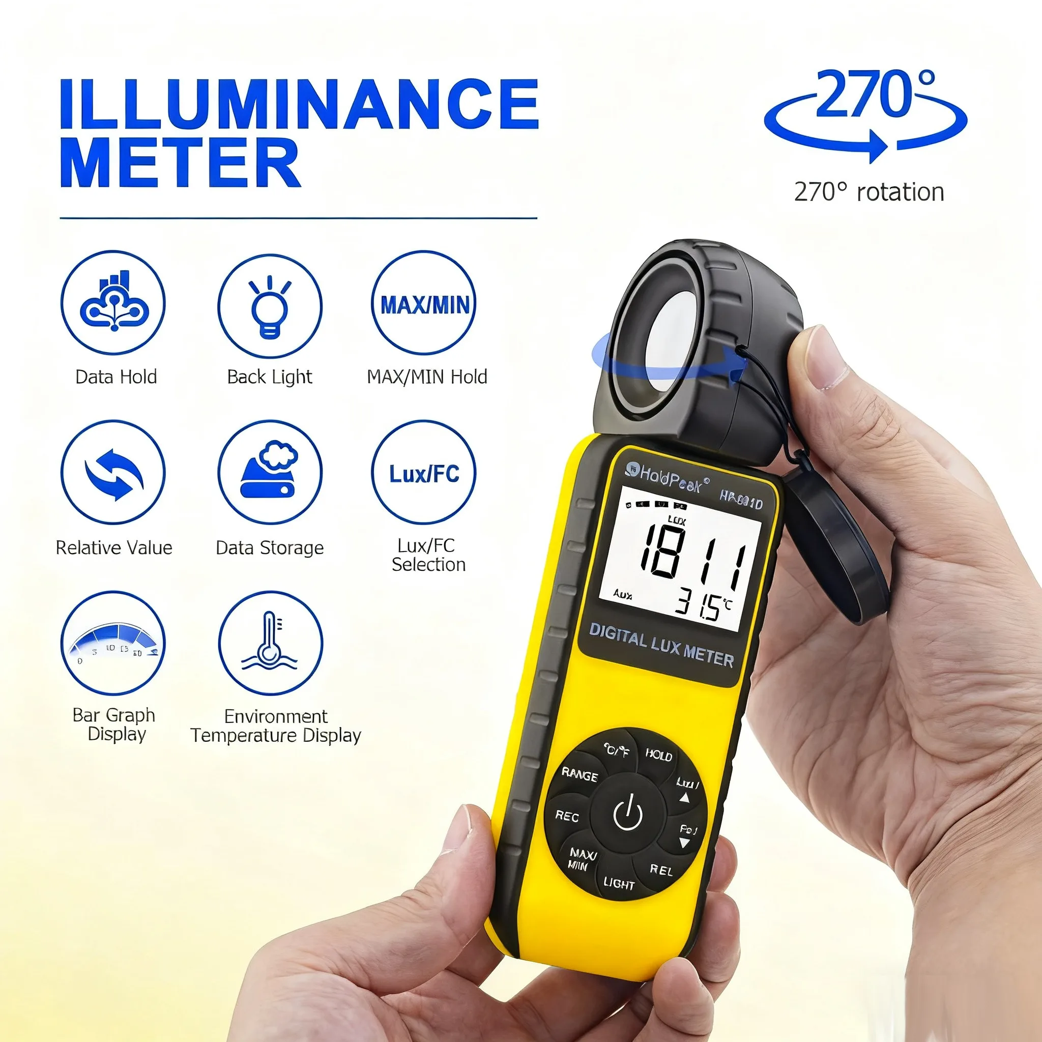 

HP-881D Digital Illuminance Light Meter 0.01~400,000 Lux Pocket Design for Plants LED Lights Indoor Outdoor LightTester HOLDPEAK