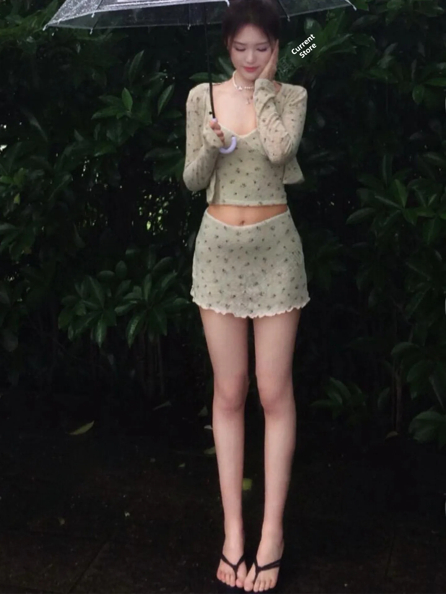

Green Lace Camisole Knitted Cardigan Short Skirt Set Women's Summer Fashion Three-piece Suit V-neck High-waist Floral Print