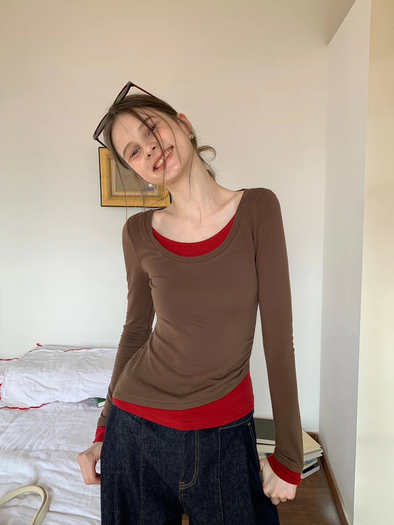 

Eggka Color Blo Long Sve T-irt Women's Autumn Winter Slim Fit round Ne Base irt Inner Floing Casual Sle