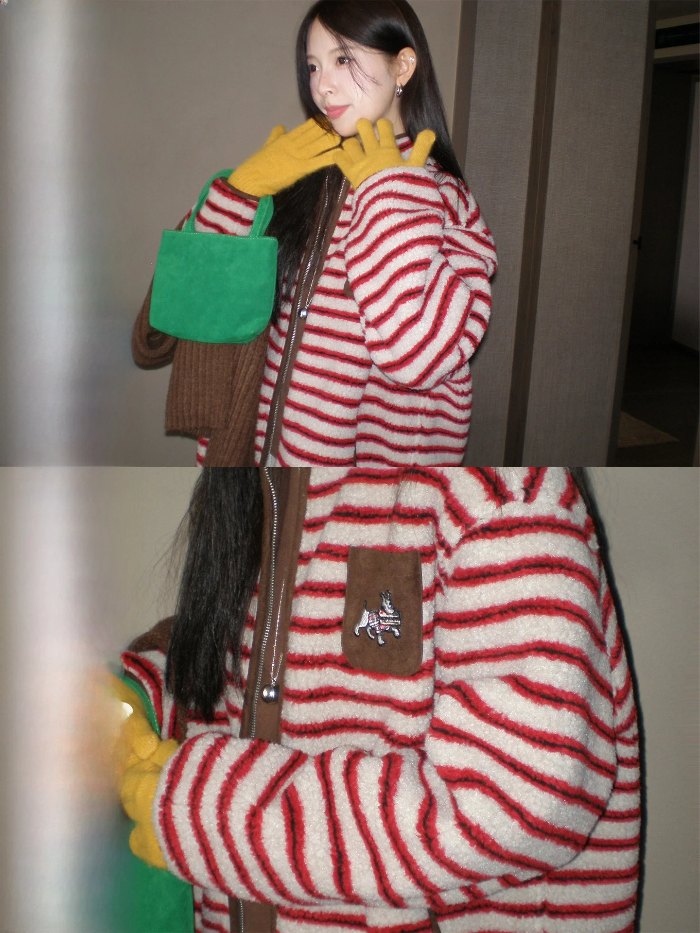 

Зимняя женская бейсбольная куртка COK в винтажном стиле, цвета хаки, в полоску, с отделкой из овечьей шерсти, свободного кроя, на молнии, с длинными рукавами