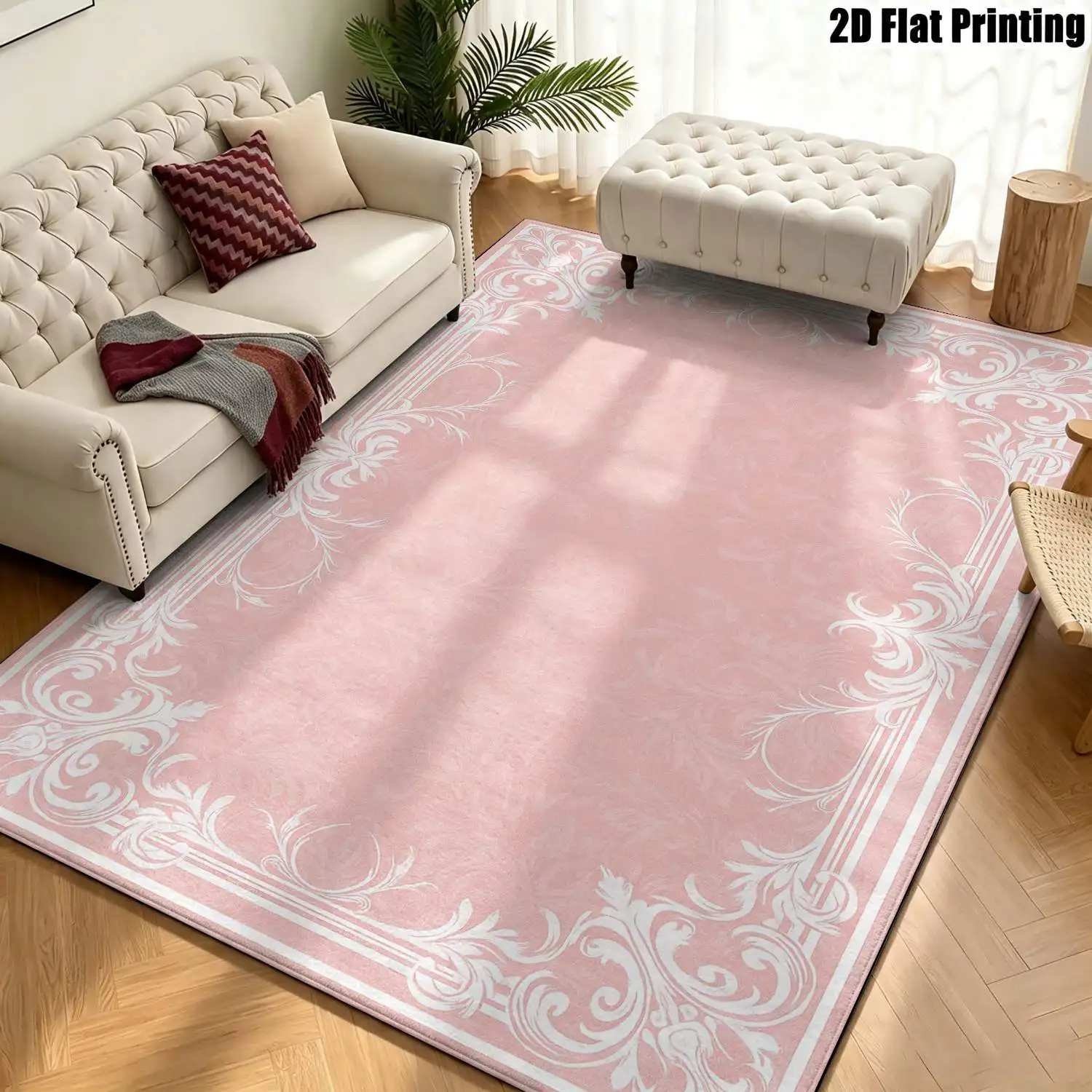 1Pc 2D Printed Pink Floral Carpet European/Retro/Geometric/Bohemian Style, Home Decor, Multi-Size, Machine Washable, for Entrance, Dining, Foyer, Bedroom, Living Room.