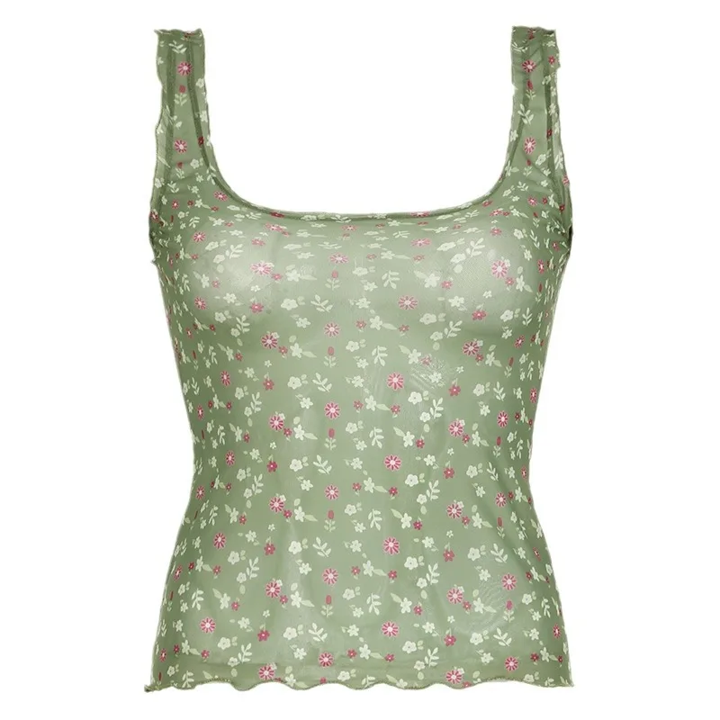 

Forest Style Mesh Small Floral Perspective Layered Camisole Vest, Women's Retro U-Neck Short Top, Summer