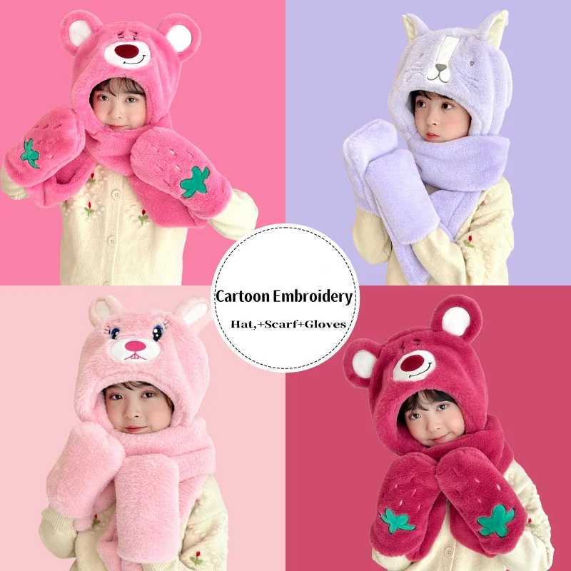 Cute Children Winter Windproof Hat Scarf Glove Three Piece Set Cartoon Comfortable Plush Warm Scarf for Girls Boys Thicken Cap