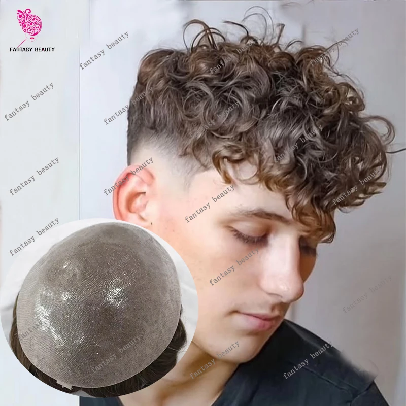 

20mm Curly 0.06mm Vloop Skin Toupee Man Wig Undetectable Male Hair Prosthesis Dark Blonde Grey Black Natural Human Hair wigsWigs