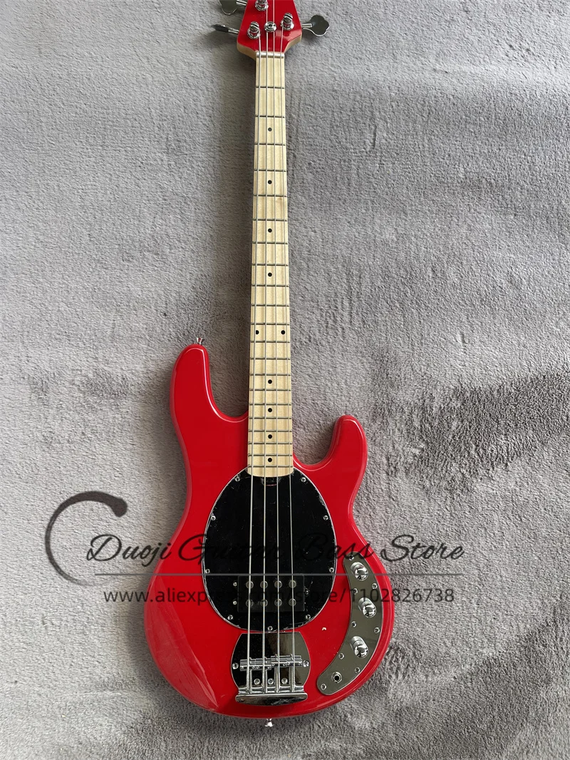 4 Strings Red Bass Guitar  Basswood Wood Body  Maple Neck Fixed Bridge Black Pickguard Factory Custom