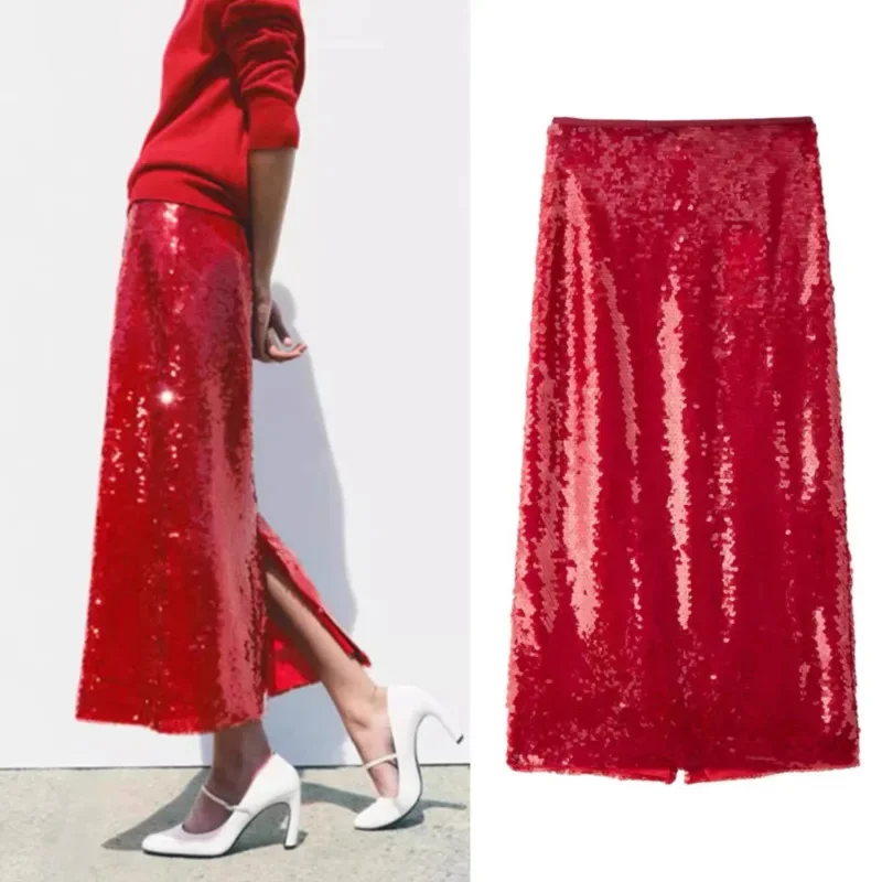 High Waist Bead Embellishment Long Skirt Women Red Sequins Slim Fit Slit Simple Temperament Midi Skirts Lady Elegant Party Skirt