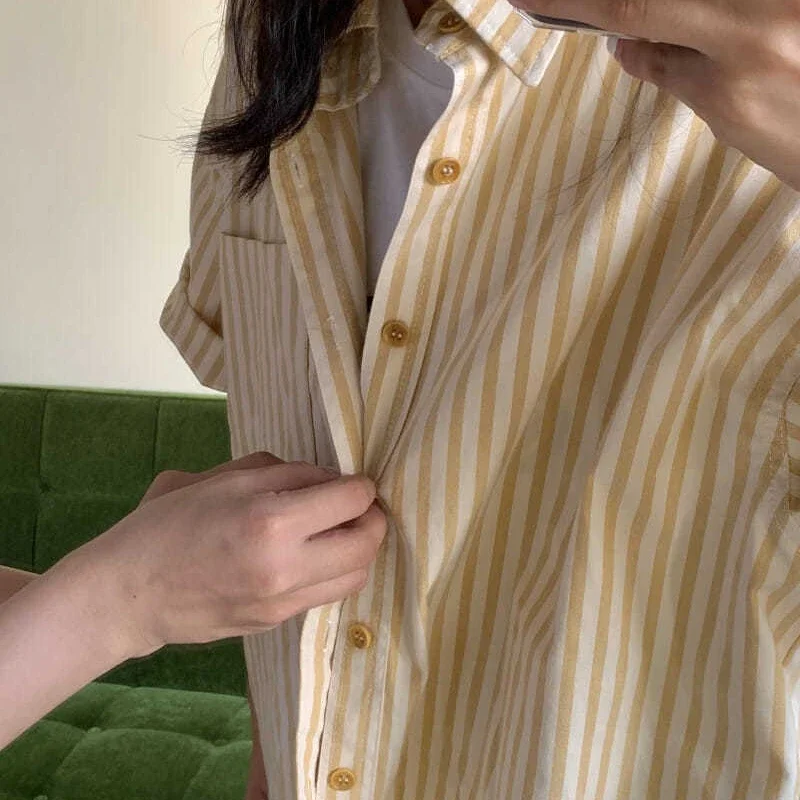 Yellow Striped Shirts Women Boyfriend Sun-proof Harajuku Fashion Leisure All-match Teenagers Females Daily Chic Рубашка Женская