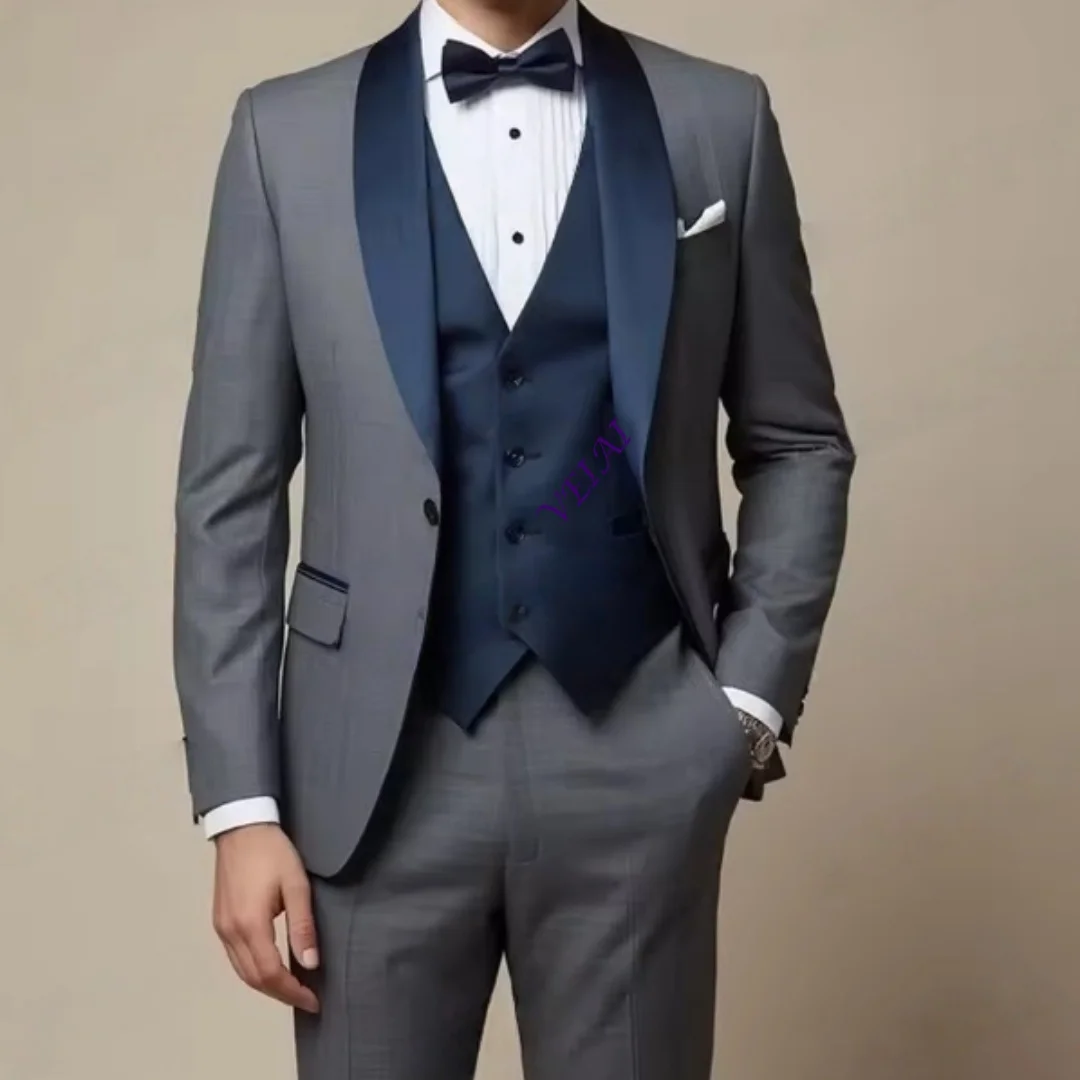 Customized New Black Collar White Formal Men Suit Groom Groomsman Wedding Party Prom Male Business Tuxedos 3 Piece Set Blazer Ve