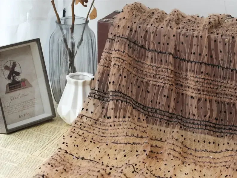 Tela de encaje flocado de lunares, blanco, negro, marrón, lentejuelas, tela de tul suave con volantes para niña, vestido tutú, boda, novia