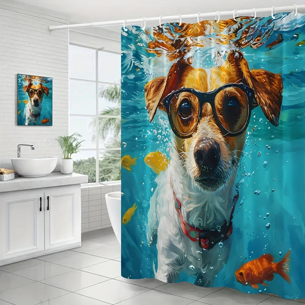 Oil Painting Jack Russell Terrier Dog With Glasses Underwater Tropical Fish Blue Water Print Shower Curtain Waterproof Mildew