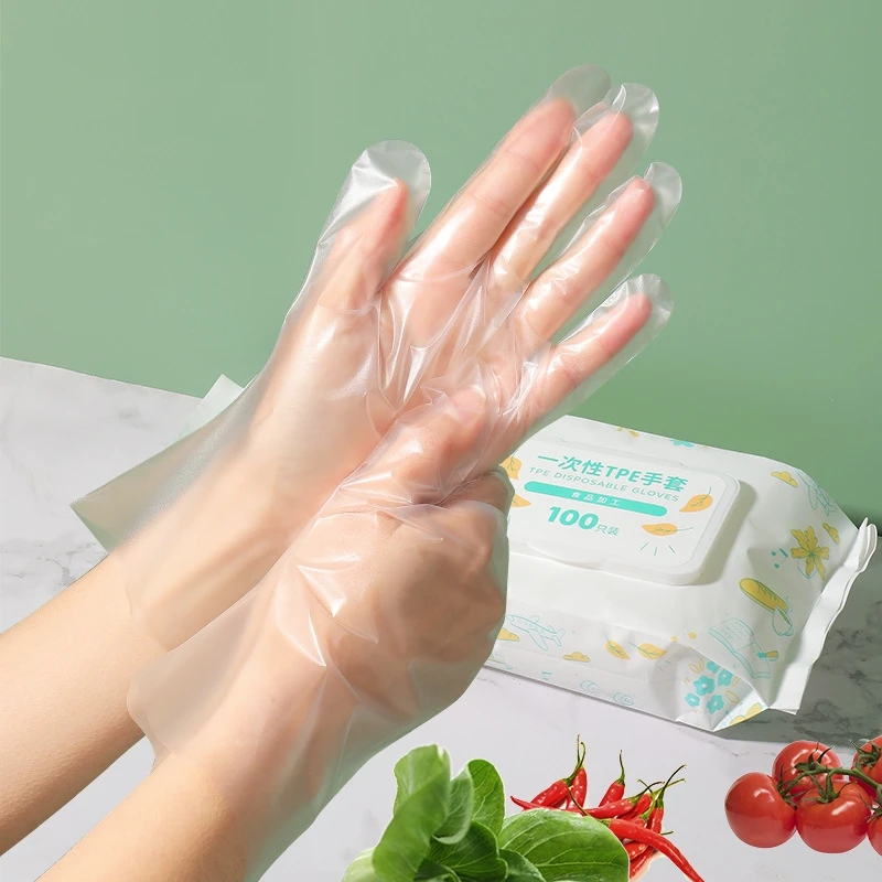 100PCS Disposible Thickened Gloves TPE Transparent Plastic Gloves for BBQ Fried Chicken Salad Pet Inspection Gardening Gloves