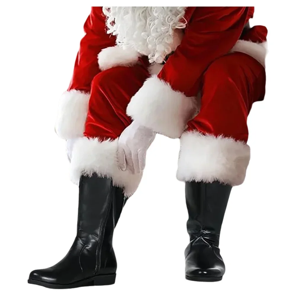 Weihnachtsmann-Kostümstiefel, weiße Plüschmanschette, Lederstiefel, rot-schwarz, für Weihnachtsfeier, Halloween, Feiertagsveranstaltungen, Kostüm-Schuhe – Detail 8