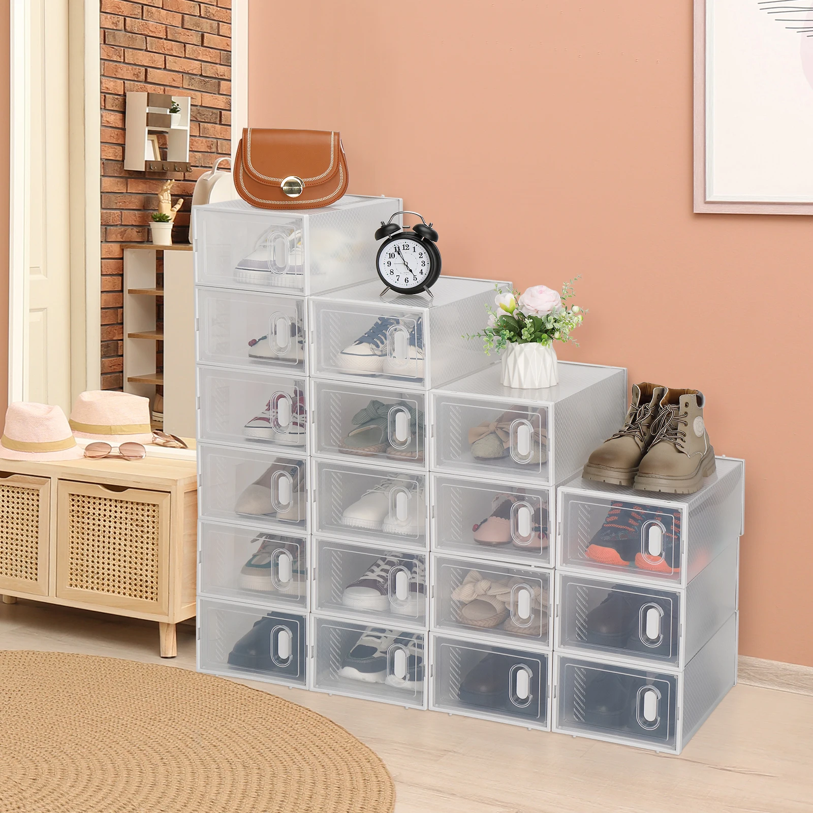 

Shoe Storage Boxes 18 Pack Clear Plastic Stackable White