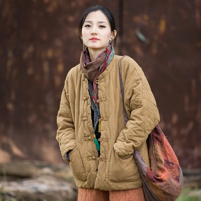 Giacca corta in cotone vestibilità ampia da donna Autunno Inverno Stile cinese Artistico retrò Cappotto in cotone caldo Materiale misto lino