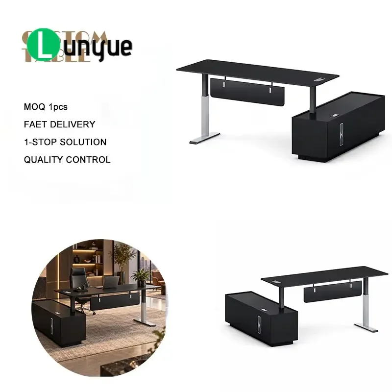 Black Executive Desk with Recessed Cabinet Top and Silver Hanging Trim Panel Adjustable Height Modern Office Furniture for