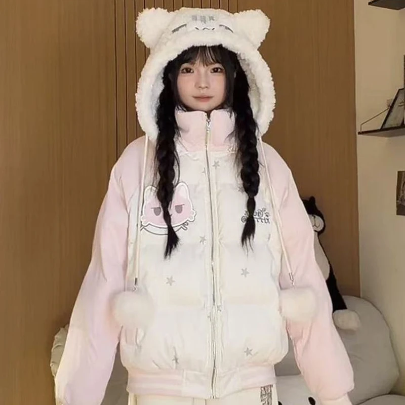 Winter Girl Cotton-Padded Jacket Cute Sweet Cartoon Cat Velcro Coat Fleece-Lined Thicken Outdoors Keep Warm Leisure Hooded Tops