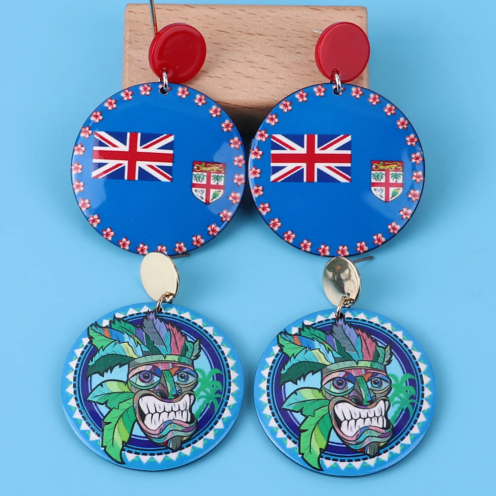 2023 Trendy Round Union Flag Flower Shield Acrylic Earrings for Women Aboriginal Chief Face Feather Drop Earring Vintage Jewelry