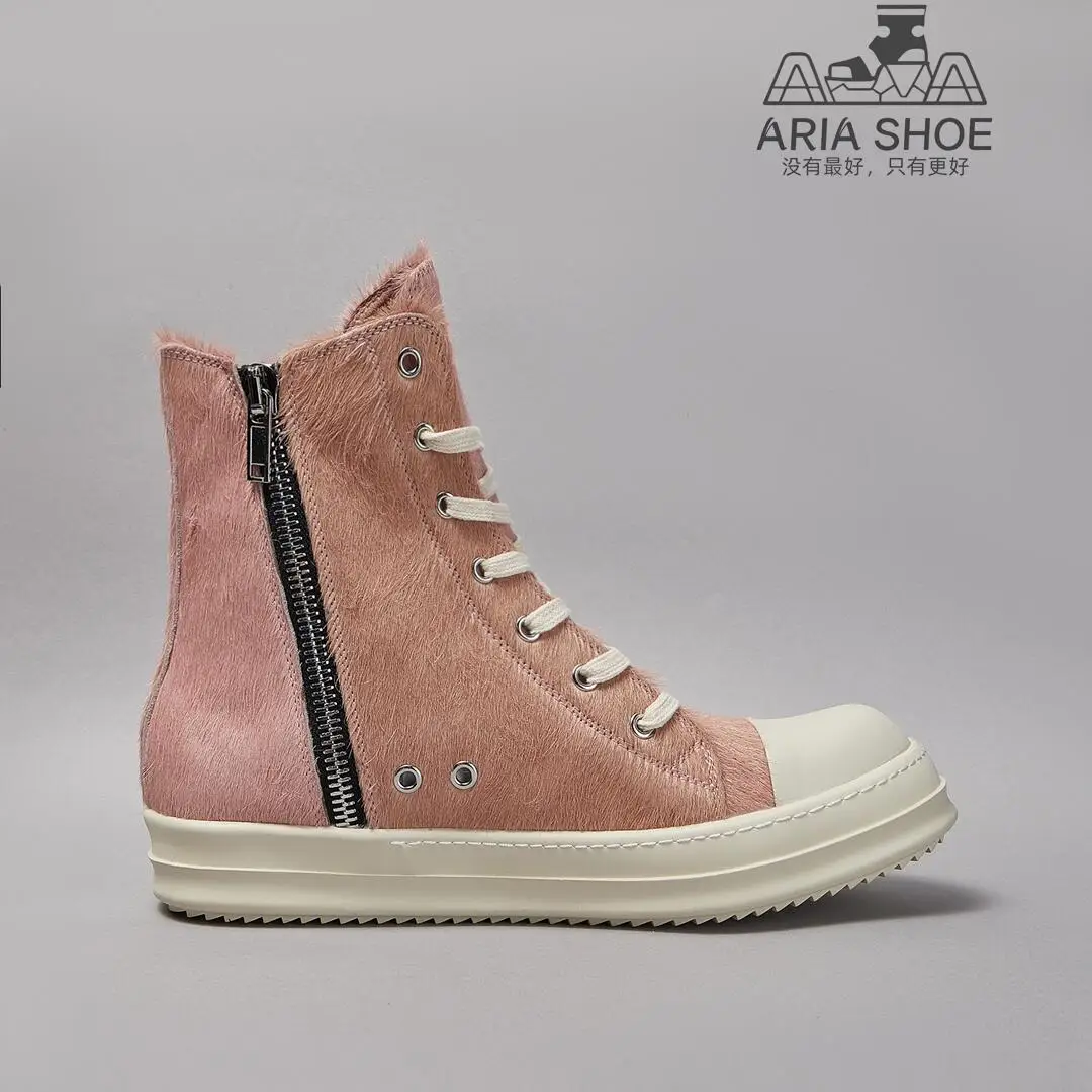 Ricks Sexy Pink Fur Horsehair Shoe Women Owens Genuine Leather Shoe Men High Top Lace-up Zipper Owens Designer Ankle Boot Women