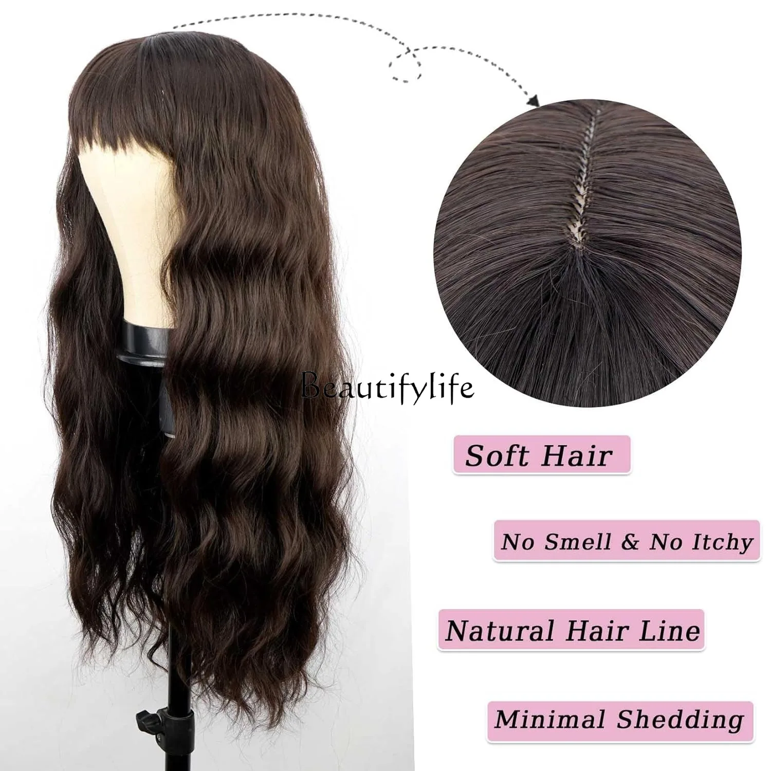 Wig full hood, black natural gentle long curly hair