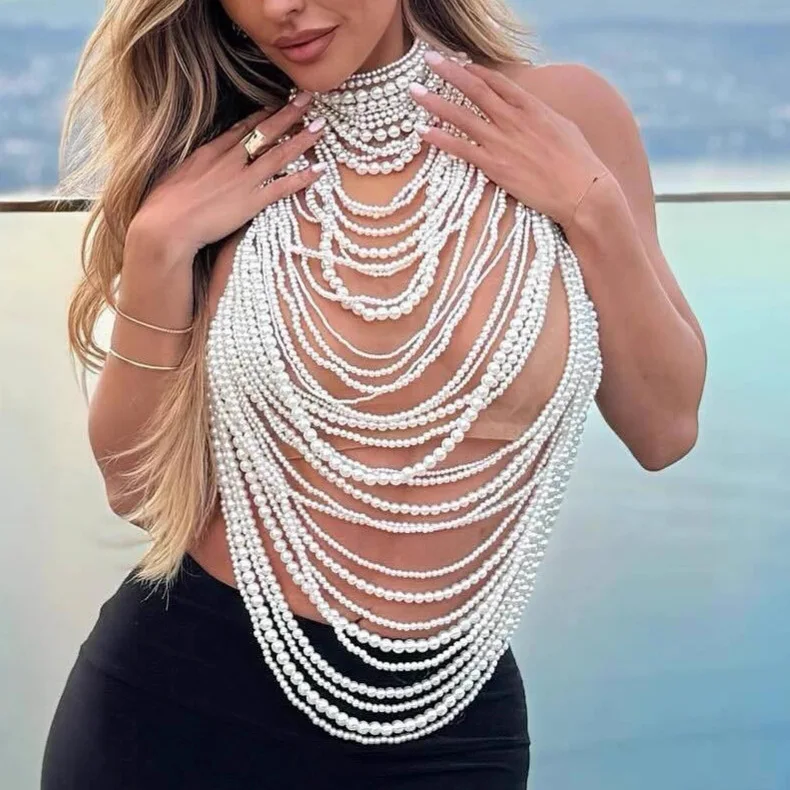 

Hand-woven Plastic Pearls Breast Chain Jewelry Multi-layer Halter Camisole Vest Tops Sexy Summer Bikini Crop Tops Night Clubwear
