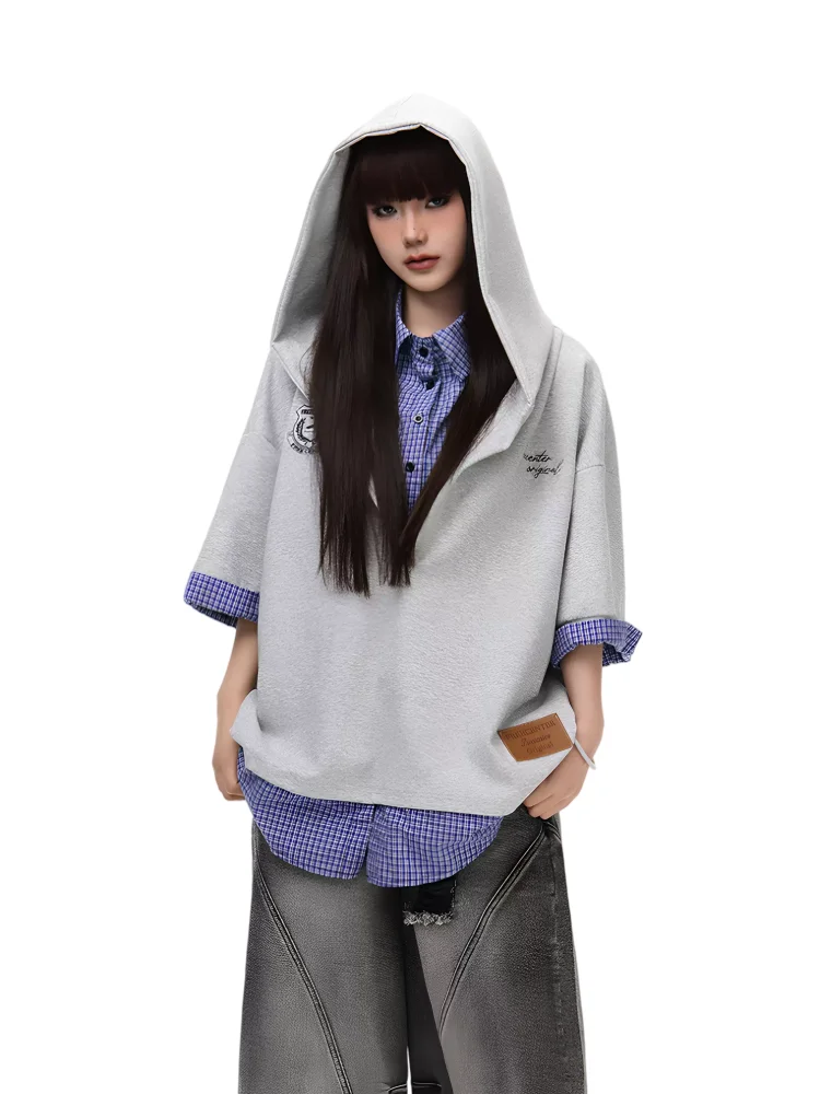 2026 New women Fake Two Piece Plaid Short Sleeve Shirt Hooded T Shirt Casual Summer Top For Men Women Vintage Streetwear Loose