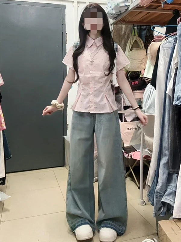 

Korean Style Pink Collar Short Sleeve Shirt Women's Waist-Cinching Pleated Inner Shirt Summer Top Commute Wind Straight ...