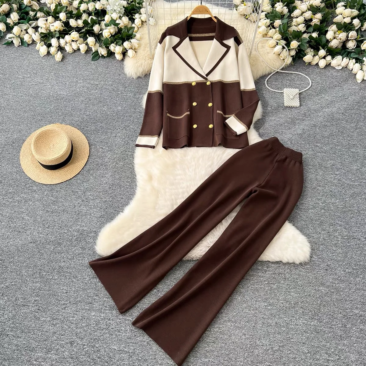 Women's Knit 2 Piece Pant Sets 2025 Spring Color-blocked Cardigan + High Waist Wide Leg Pants Suits Outfits Elegant Workwear Set