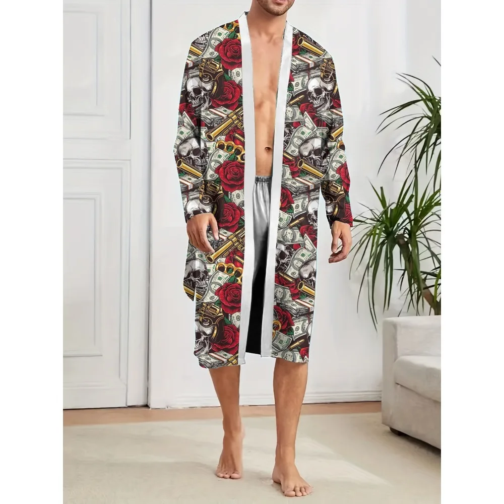 

Men Robe 2025 Autumn Men's Trendy Casual Skull Head Rose US Dollar Bill Printing Pattern Home Casual Comfortable Nightgown