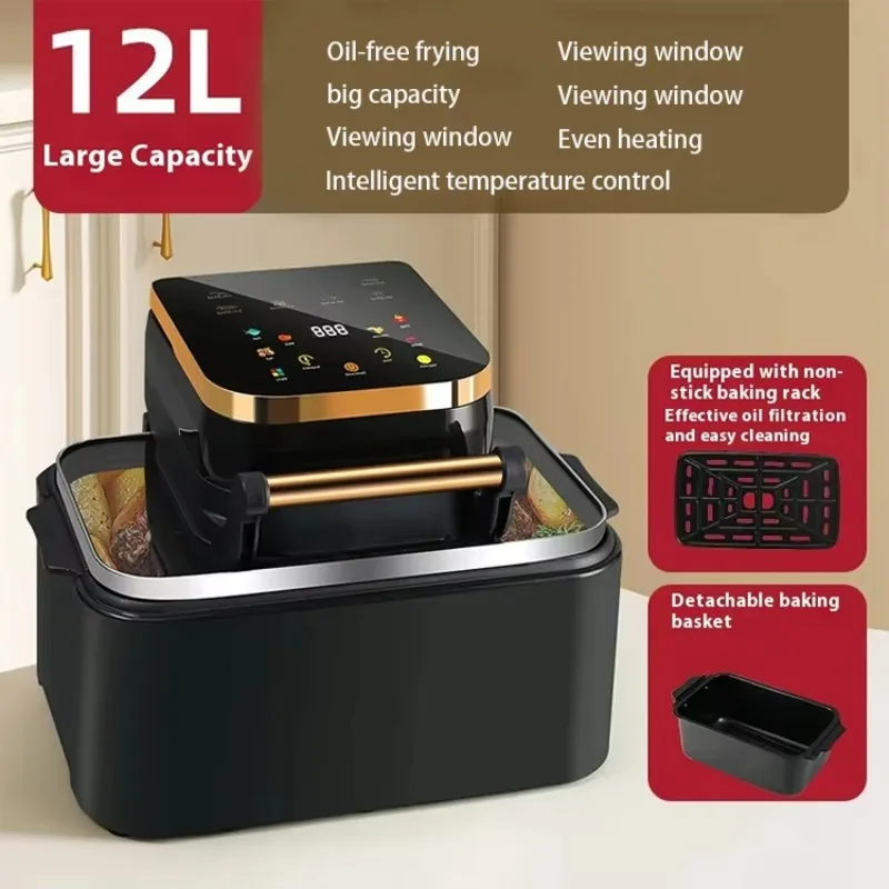 Penggorengan Udara Kotak Kapasitas Besar 12L dengan Jendela Pandang, Oven Penggorengan Digital Multifungsi Tanpa Minyak
