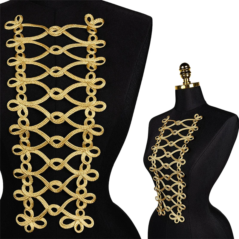 

1Pc Large Size Handmade Gold Cord Patch Baroque Applique For Clothing Collar Sew On Decor DIY Costume Dress Button Thread Trim